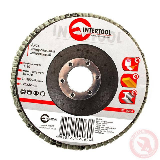 

Круг диск шлифовальный лепестковый 125x22 мм зерно K60 INTERTOOL BT-0206