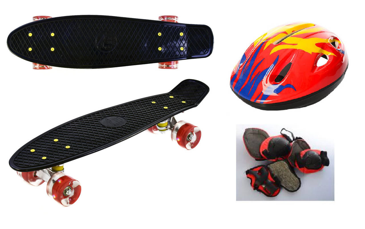 

Пенни борд, скейт, скейтборд + шлем и защита! Penny board! СВЕТ! Черный