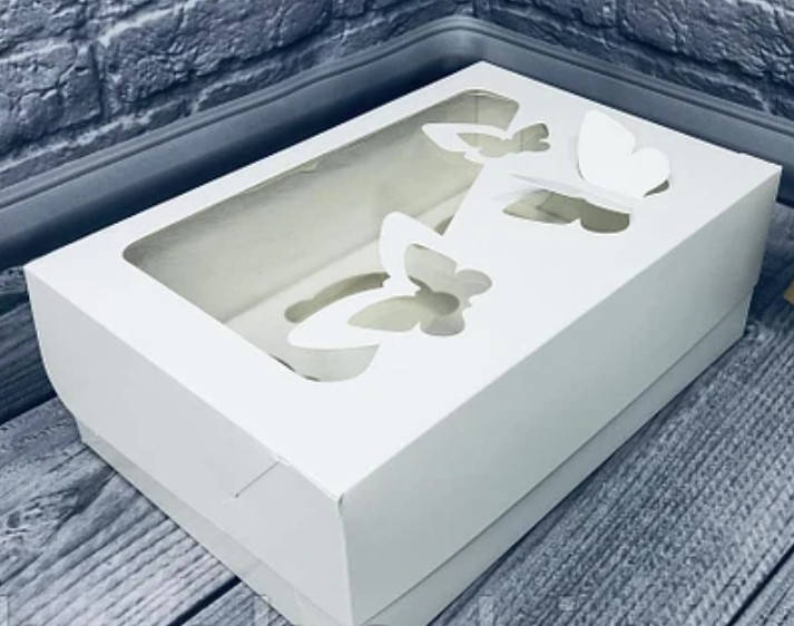 

Коробка для капкейков на 6шт 25*17*9 см, с окном "Бабочка", белая, Белый