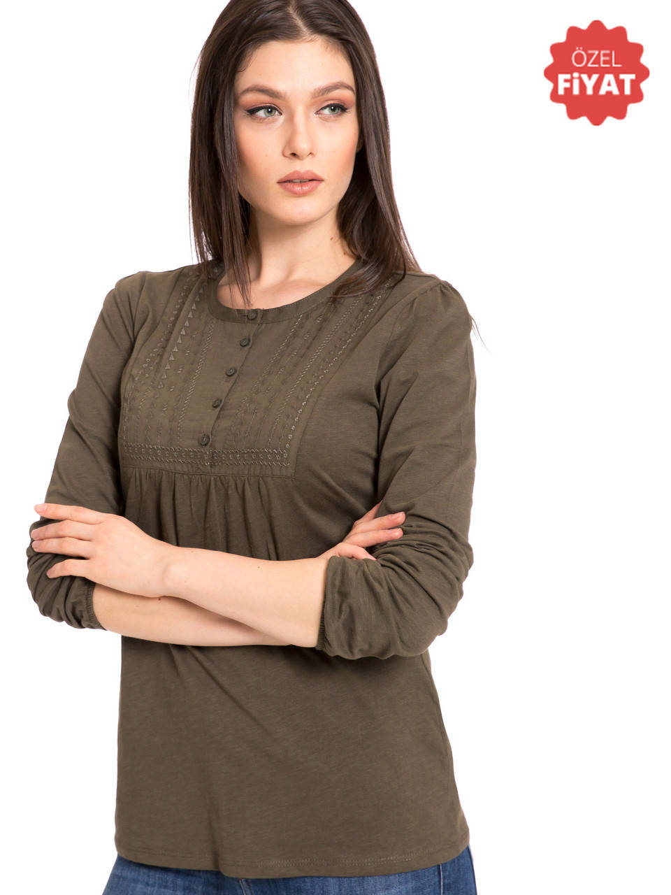 

Женская кофта LC Waikiki / ЛС Вайкики темный хаки с вышивкой