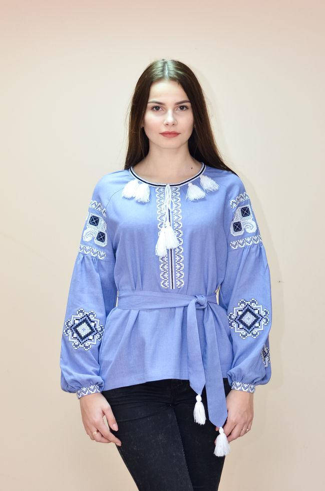 

Женская вышиванка Волинські візерунки с длинными рукавами 48 р. светлый джинс