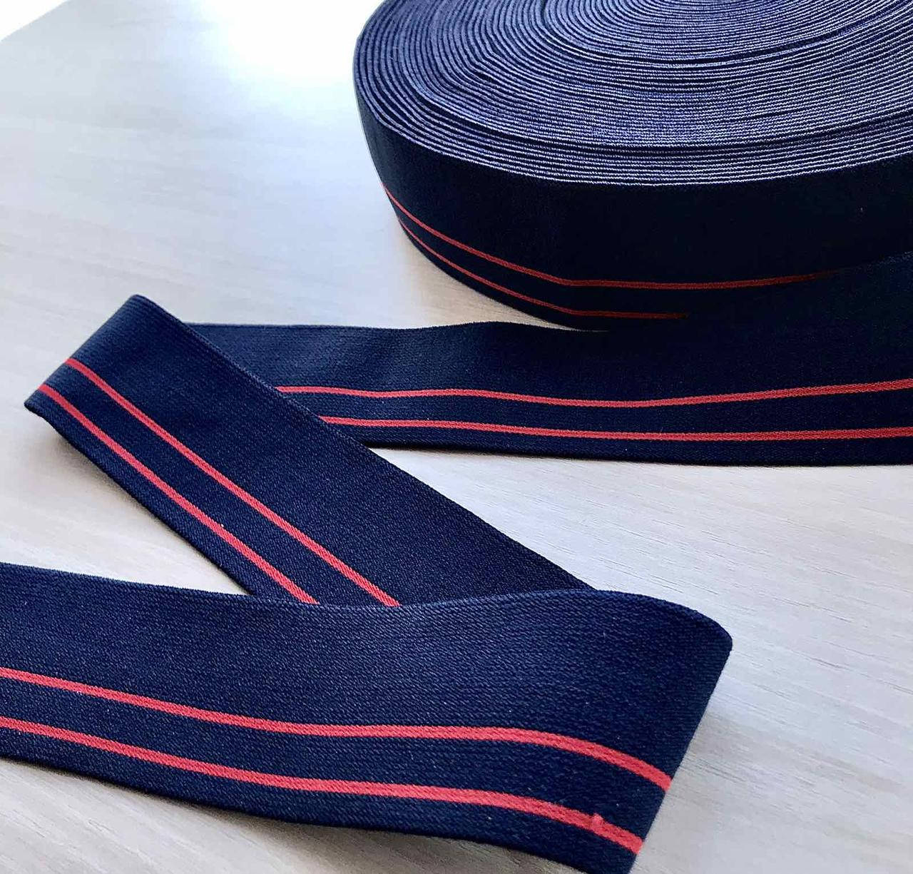 

Резинка бельевая, 5 см, темно-синяя с двумя красными полосками, Темно-синий