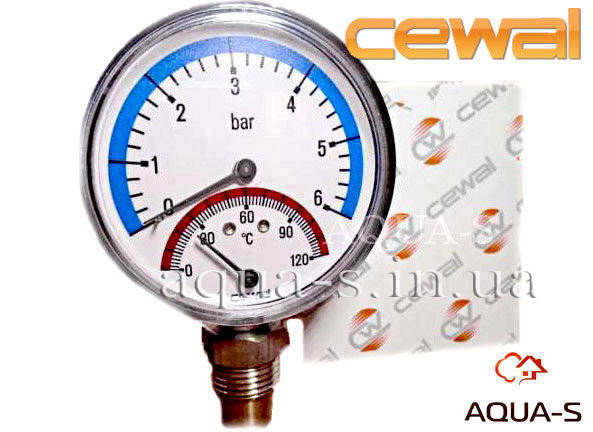 

Термоманометр для отопления CEWAL 6 бар 120 °C (D 80 мм) вертикальный (Италия)