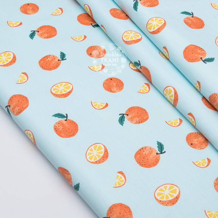 

Ткань сатин "Оранжевые апельсины" на голубом фоне, №3707с, Разные цвета