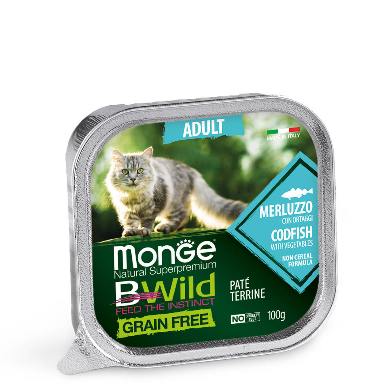 

Беззерновой паштет Monge Bwild Wet Cat Adult с треской и овощами для взрослых кошек 100 гр