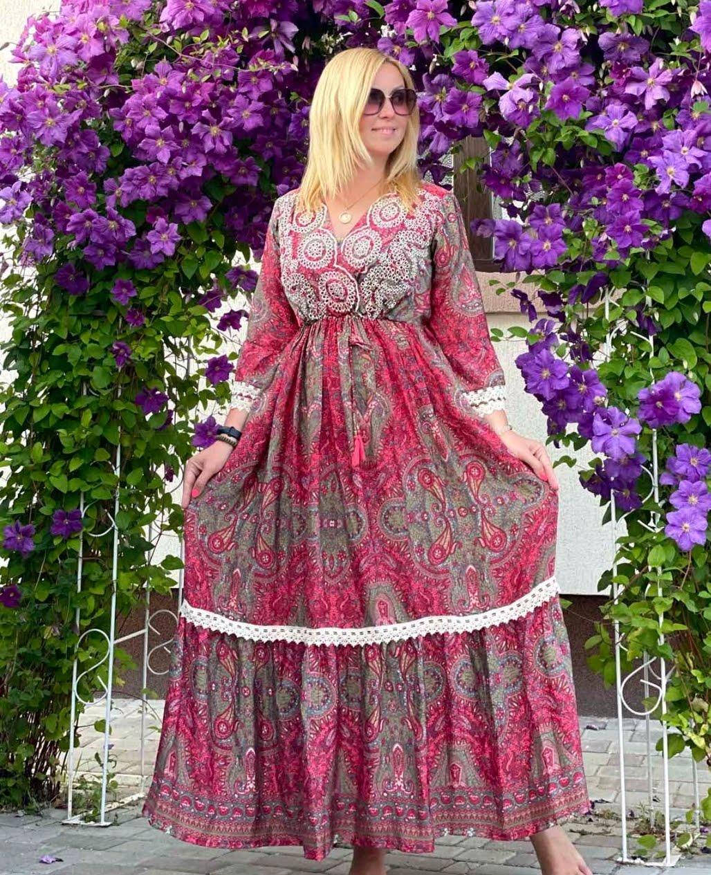 

Длинное летнее платье из тонкой ткани бордового цвета (M-2XL)