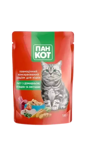 

Пан Кот – рагу с домашней птицей и овощами (24 шт. упаковка) Полноценный консервированный корм для кошек
