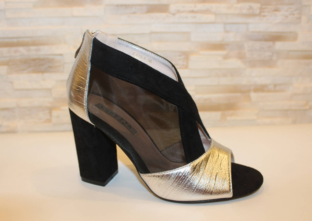 

Босоножки женские на каблуке черные с серебристым Б1233