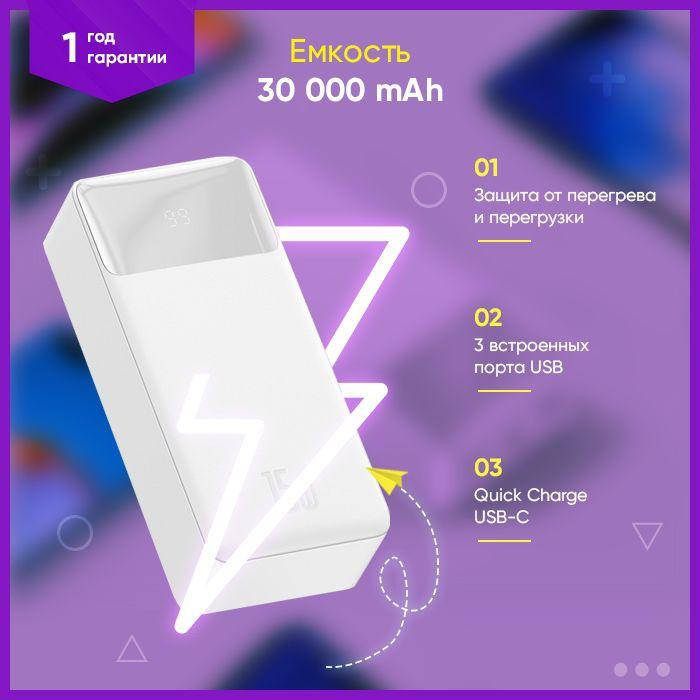 

Повербанк Baseus 30000mAh для ноутбука планшета 3 порта USB Павербанк Базеус Quick Charge 3.0
