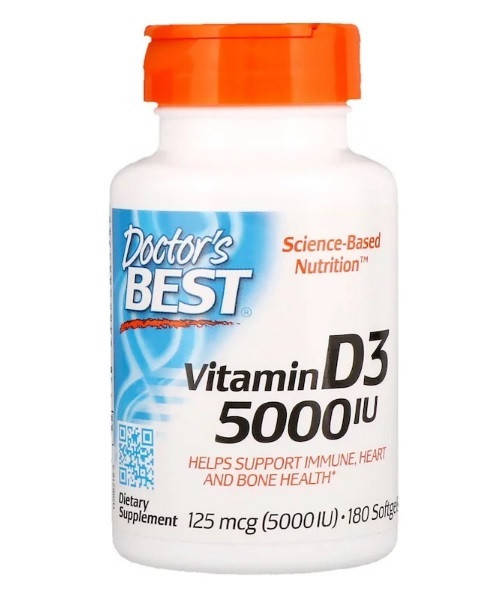 

Doctor's Best, Витамин D3, 125 мкг (5000 МЕ), 180 мягких желатиновых капсул