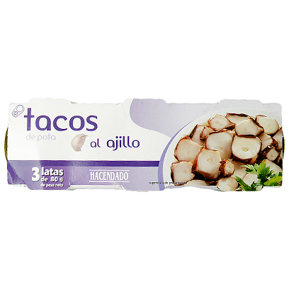 

Восьминіг з часником Хасендадо Tacos al ajillo Hacendado 3*80g 32пач/ящ (Код : 00-00010193)