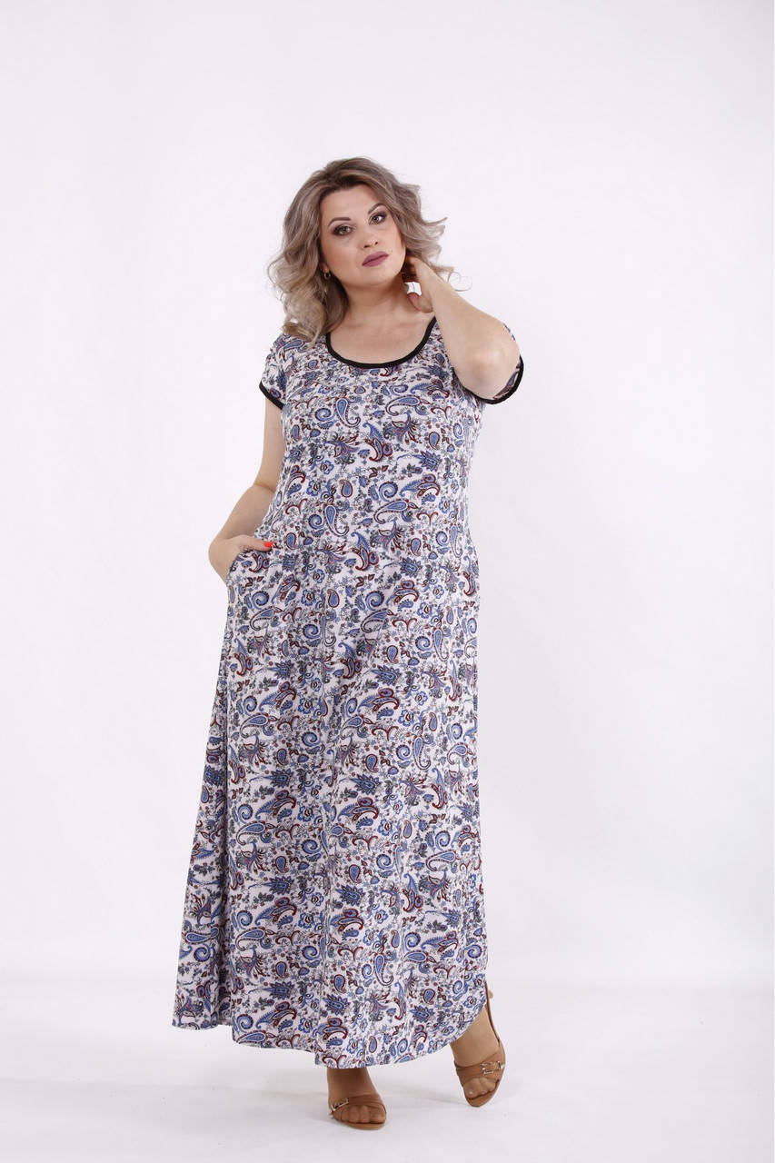 

Длинное платье летнее с синим принтом большого размера 42-74. 01512-3 58