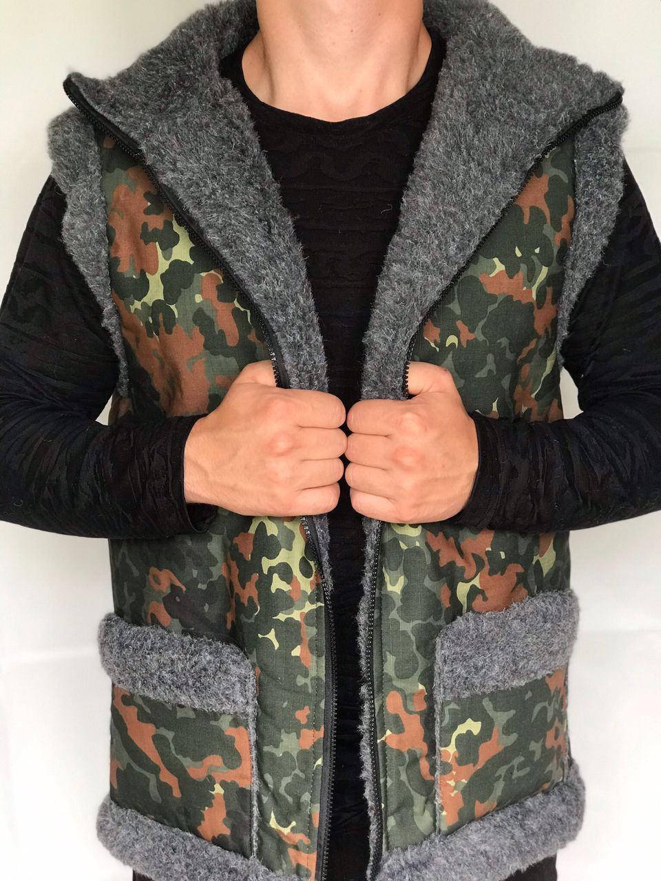 

Жилетка из овчины камуфляж, жилет мужской из овечьей шерсти, безрукавка из овечьей шерсти, размер 46-58 46