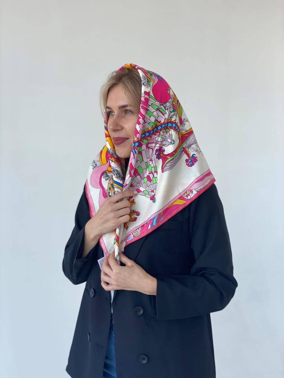 

Платок шелковый женский на голове бандана, Розовый