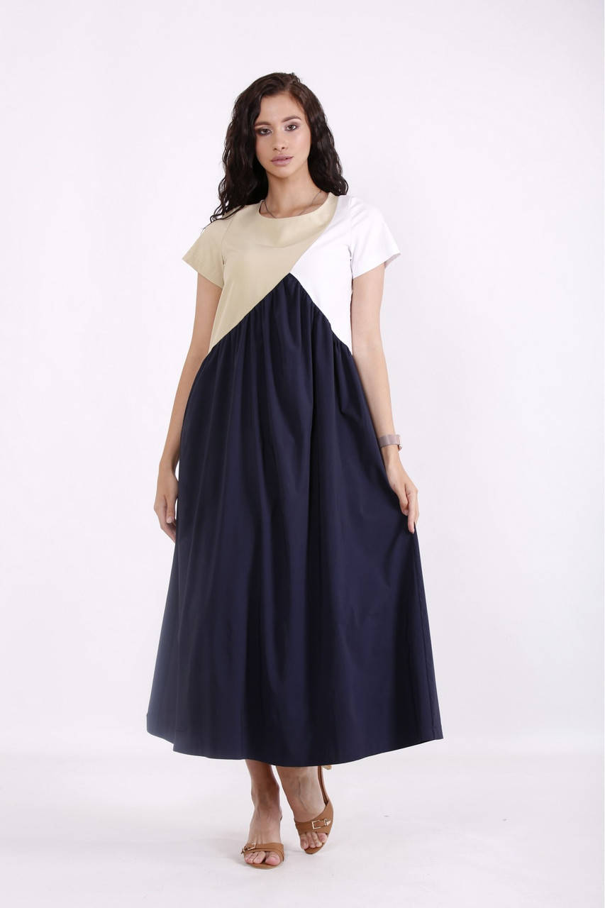 

Трехцветное платье синее летнее стройнящее большого размера 42-74. 01536-4 66