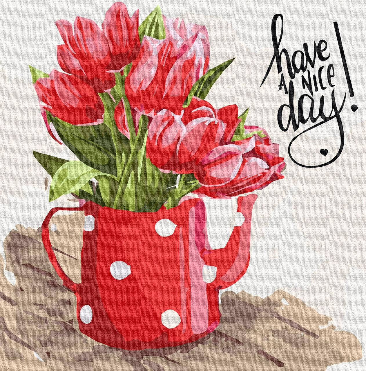 

Картина по номерам 40х40 см. Тюльпаны в чайнике Have a nice day. Идейка. КНО2093