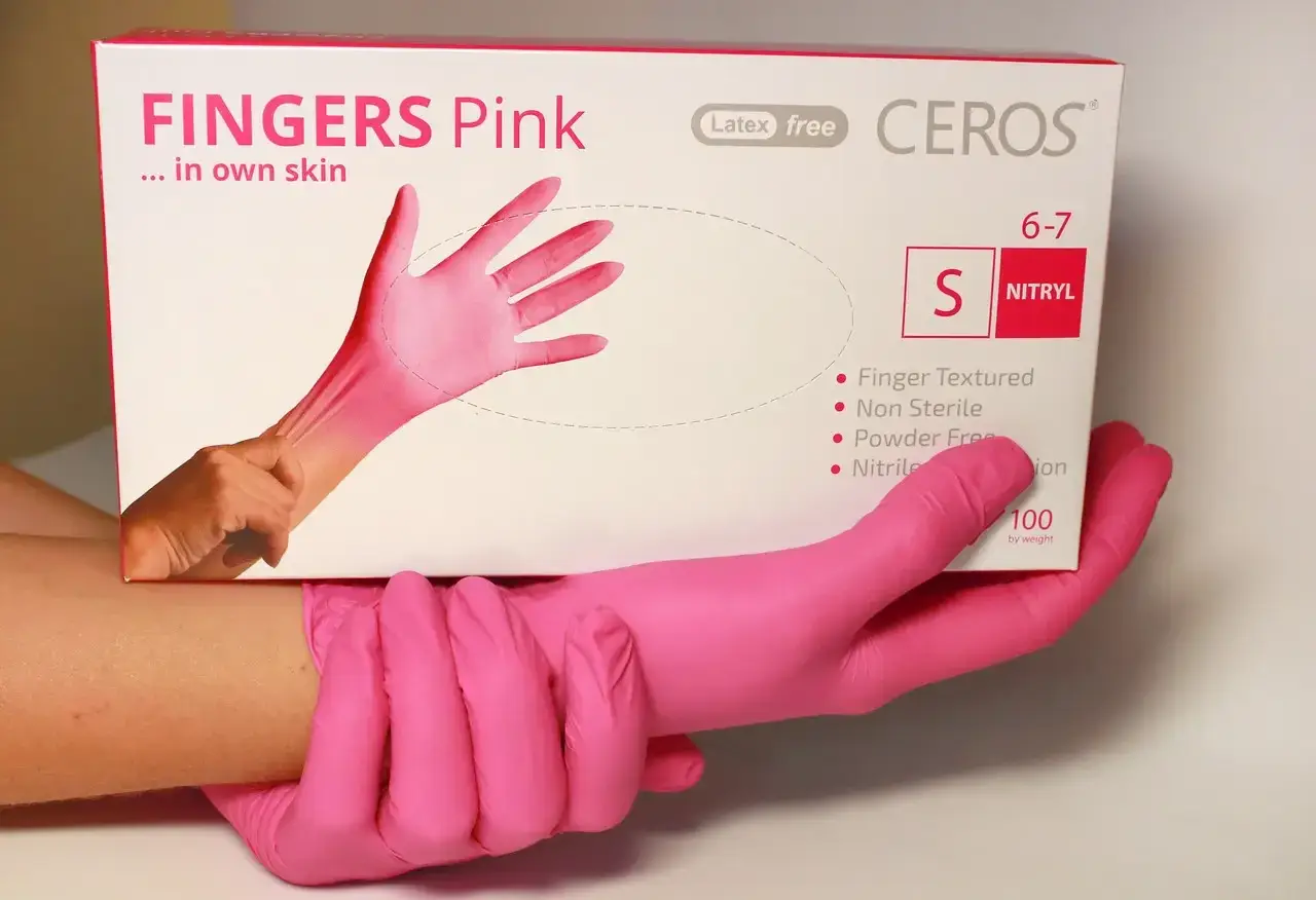 

Перчатки нитриловые нестерильные неприпудренные CEROS® "FINGERS Pink" размер, Розовый