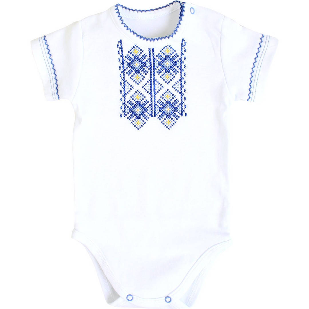 

Боди вышиванка для новорожденного мальчика с коротким рукавом летний, сине-желтый узор, Ладан