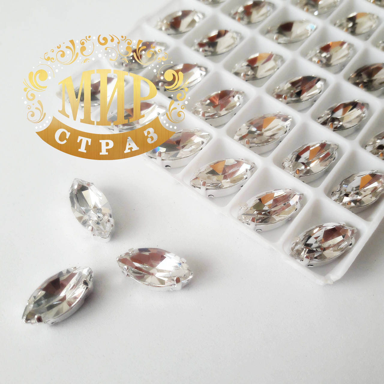

Cтразы в цапах Люкс, форма Лодочка, цвет Crystal, 7х15мм, 1шт, Белый