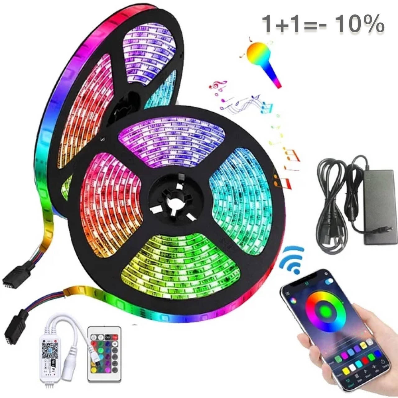 

Светодиодная лента RGB 5м от телефона,с пультом и блоком питания(1+1=-10%)