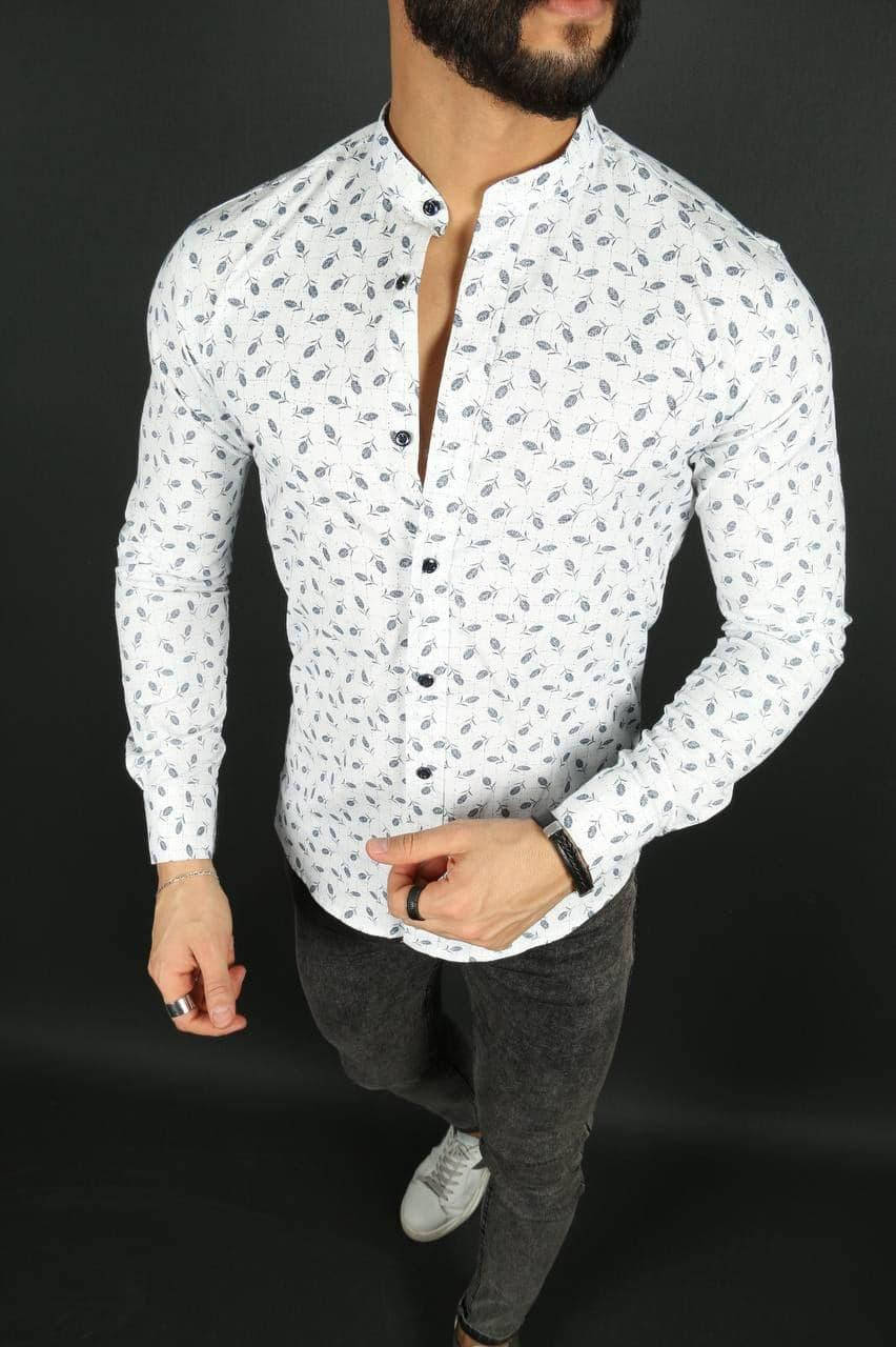 

Мужская стильная рубашка casual, воротник стойка (белая) с мелким принтом цветка синего цвета XXL, Белый