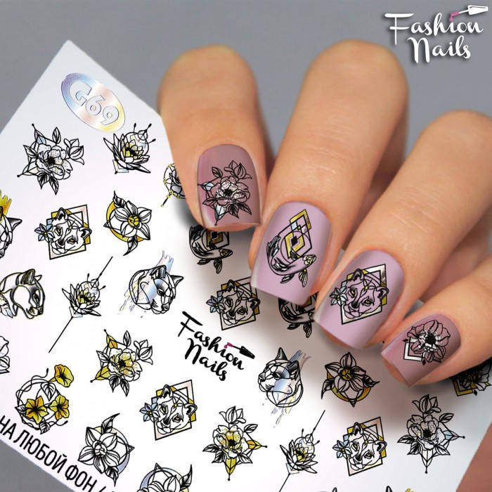 

Слайдер-дизайн Fashion nails - наклейка на ногти - геометрия, мордочки, цветочки арт.G69, Черный