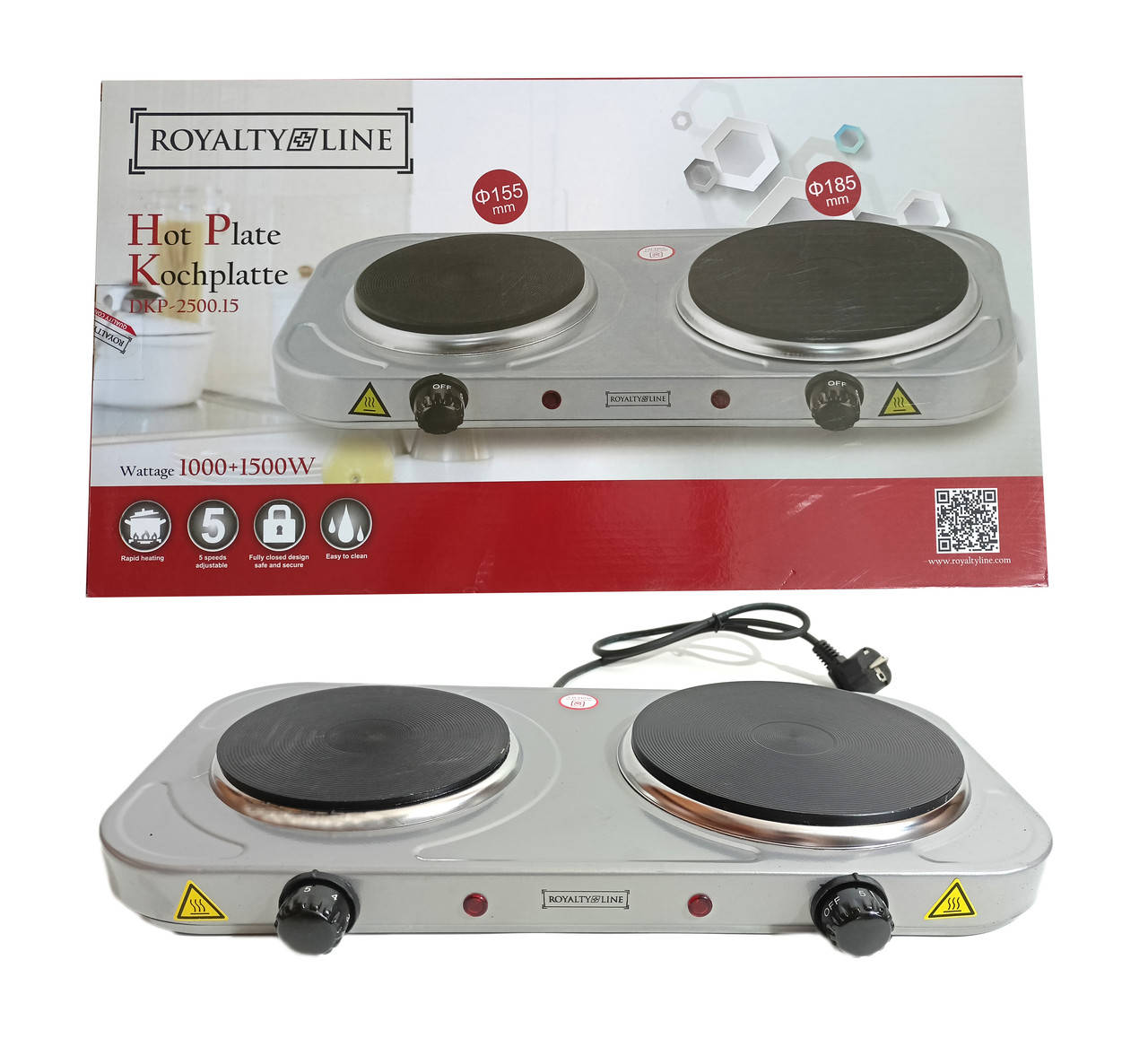

Настольная электрическая плита Royalty Line RL-DKP2500.15 Silver (1500/1000Вт, 2 конфорки, Швейцария)