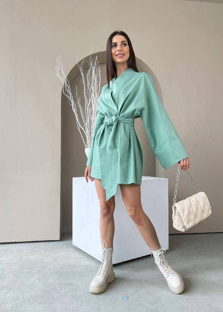 

Модное льняное платье-халат (кимоно) oversize с широкими рукавами оливка