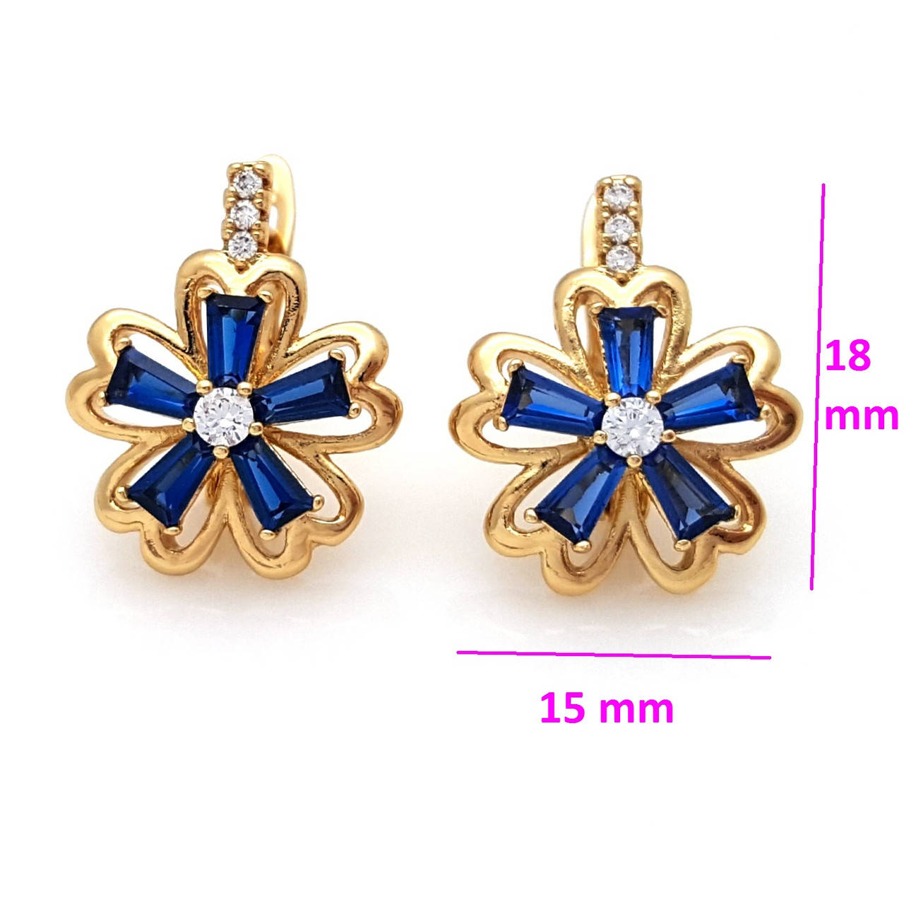 

Серьги позолоченные, Нежный Цветок с синим цирконием, англ.замок, Xuping, 18К