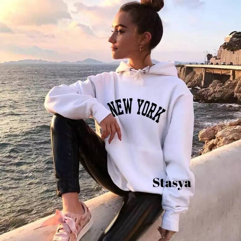 

Женское оверсайз худи с надписью New York (розовый, черный, белый, серый, лиловый)