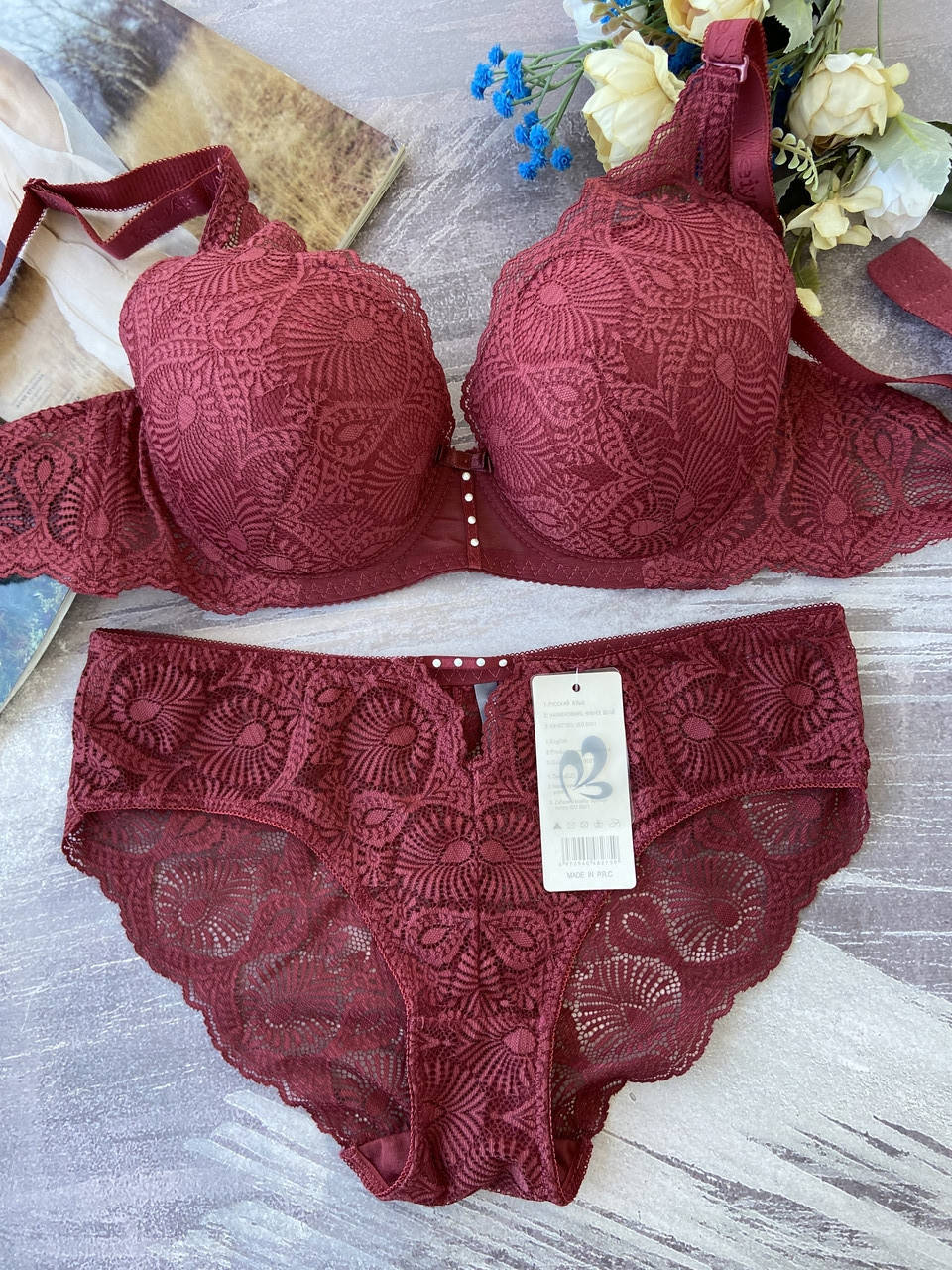 

80/85/90/95/100D Красивый бордовый комплект женского нижнего белья на большую грудь, бюстгальтер с трусиками