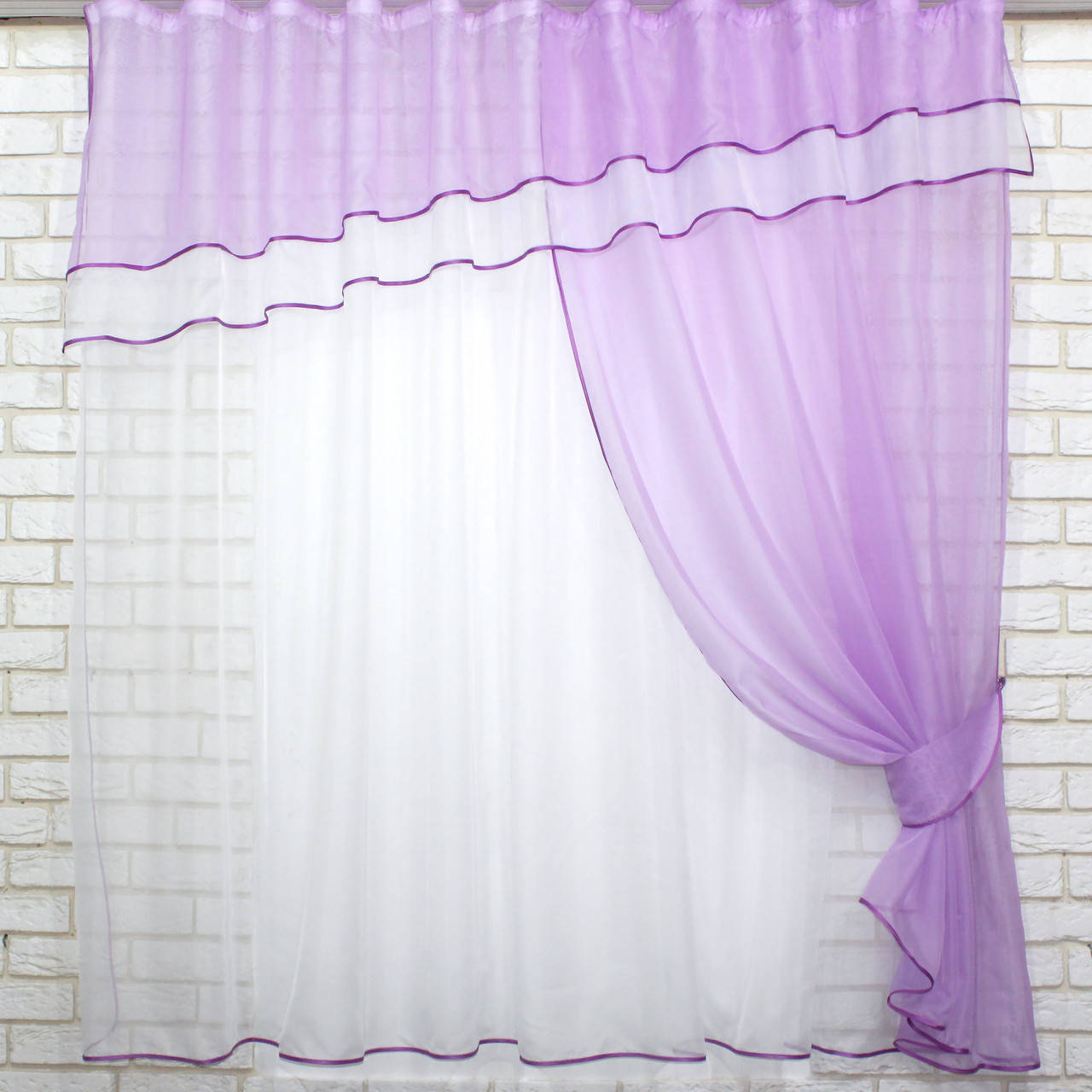 

Кухонная (280х170см.) занавесь, штора и тюль с ламбрекеном. Цвет сиреневый с белым. Код 018к 50-056
