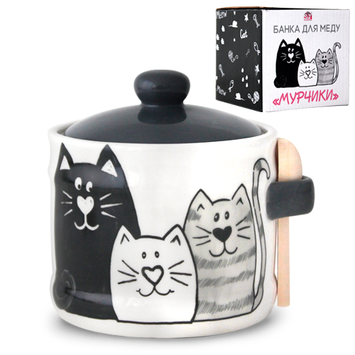 

Банка для меда с деревянной ложкой 'Мурчики' (h-8,5 см, d-10см, об-м 420мл)