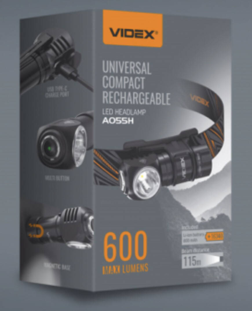 

Маленький мощный фонарик налобный на голову угловой аккумуляторный VIDEX VLF-A055H 600Lm 5700K