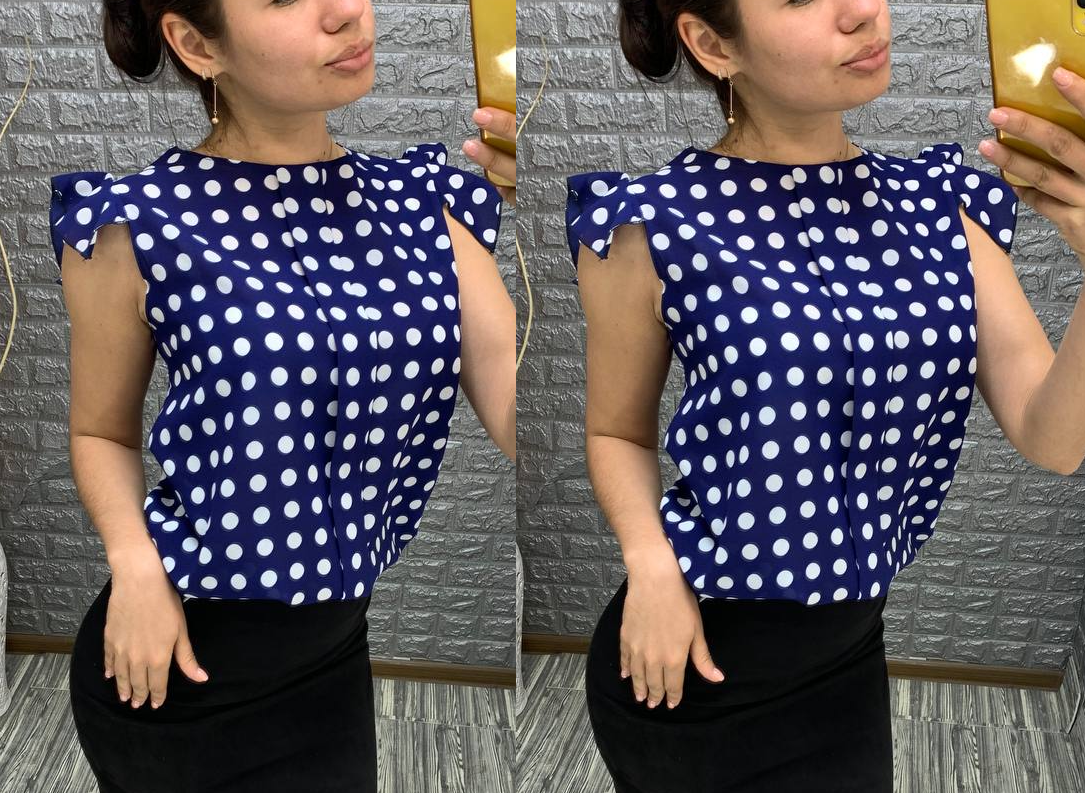 

Женская легкая блузка на лето в темно-синем цвете в горошек 42, Темно-синий