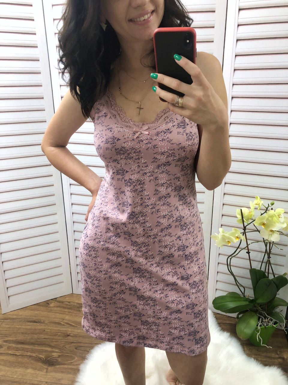 

Ночнушка женская хлопковая на тонких бретельках пудра, ночная сорочка для девушки 48, Пудровый