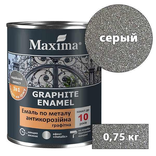 

Эмаль антикоррозийная по металлу 3 в 1 графитная Maxima - 0,75 кг, серый