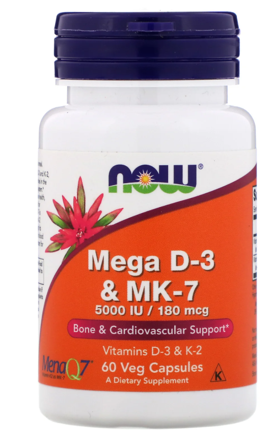 

Now Foods, мега D3 и MK-7, 180 мкг (5000 МЕ), 60 растительных капсул