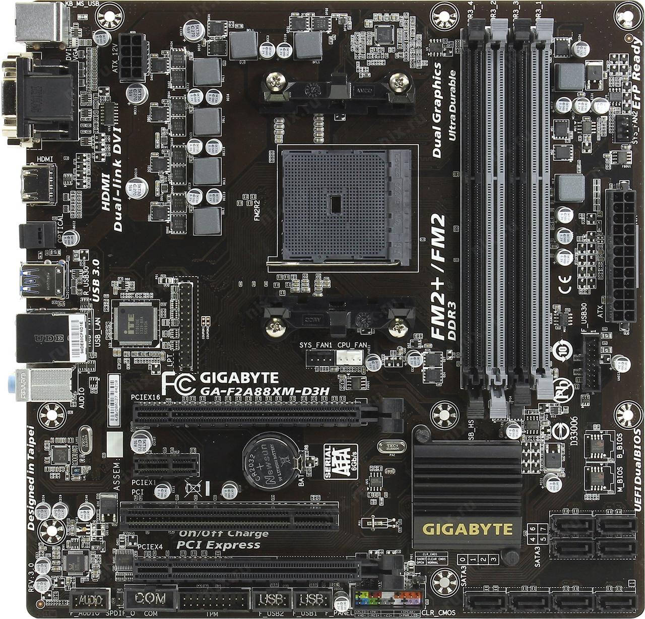 

Плата под AMD Socket FM2+ ( sFM2 ) GIGABYTE GA-F2A88XM-D3H УЦЕНКА - СЕТЬ ! на DDR3/ SATA 3/ USB 3.0 / HDMI