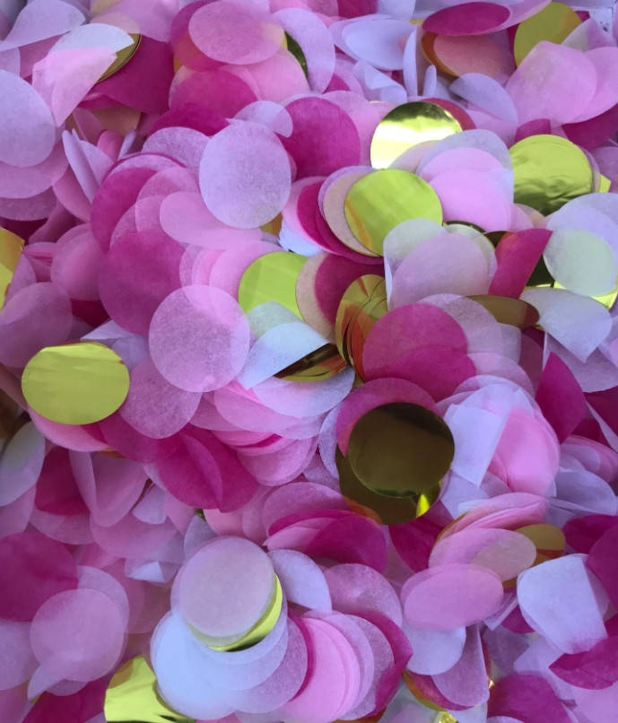 

Конфетти кружочки бумажные "Розовый+малиновый+золото" 15 мм, 50 грамм (Китай)