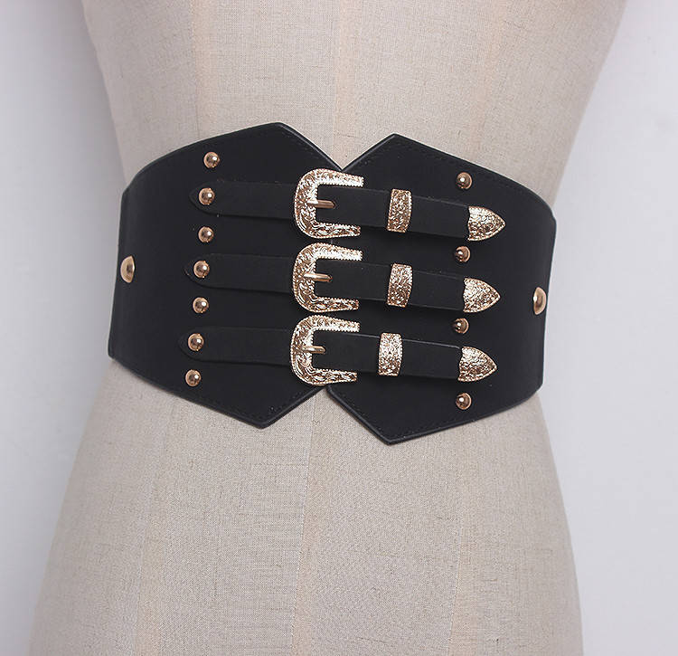 

Ремень женский широкий эко-кожаный черный массивный ремень-корсет батал Черный+золото