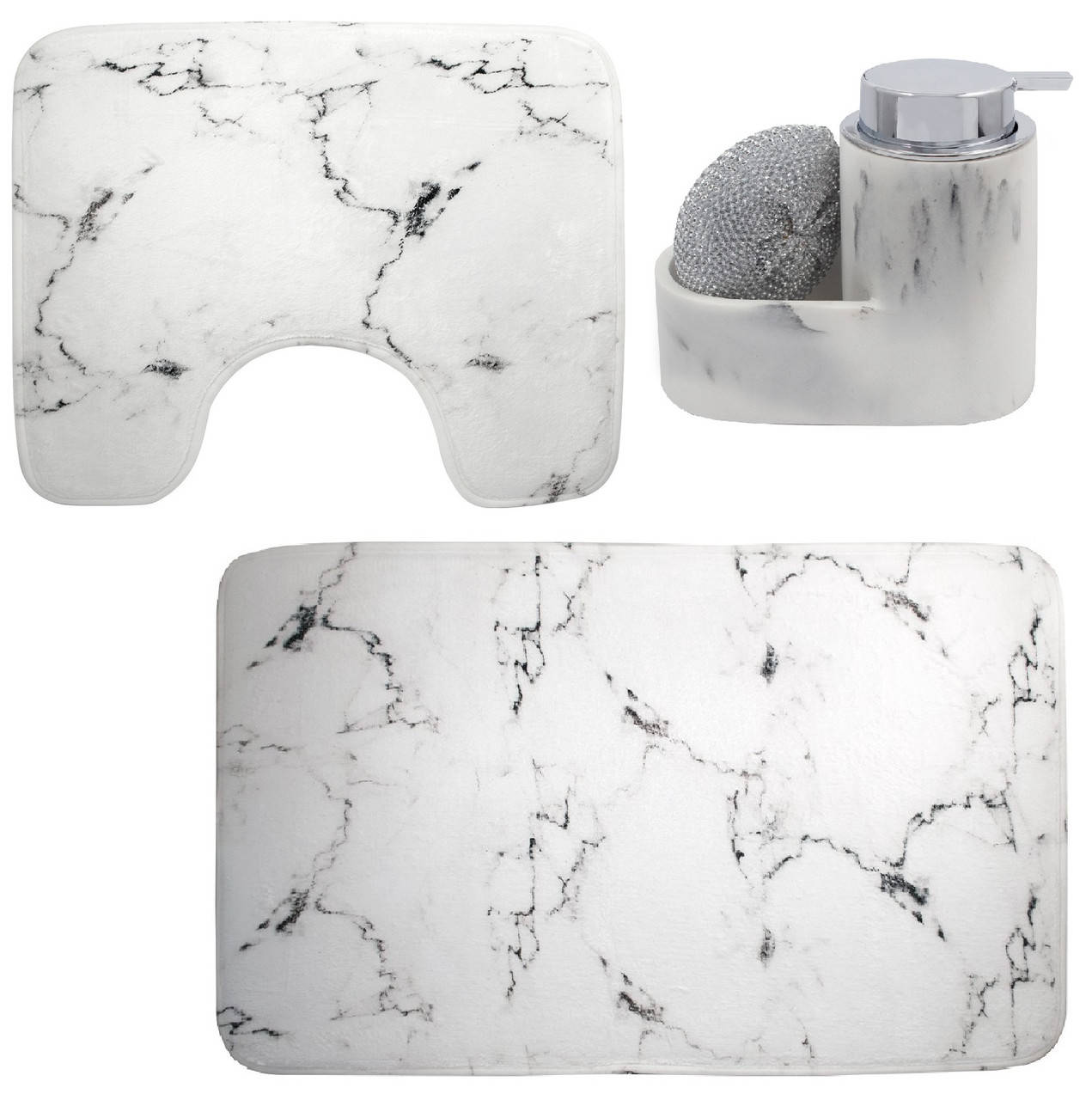 

Набор в ванную и туалетную комнату флисовые коврики и дозатор мрамор, Белый