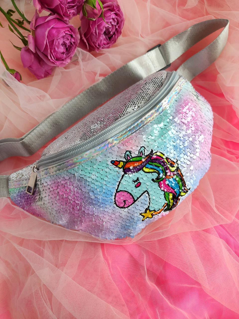 

Детская поясная сумка - бананка с пайетками "Unicorn" разноцветная с изображением единорога, Разные цвета