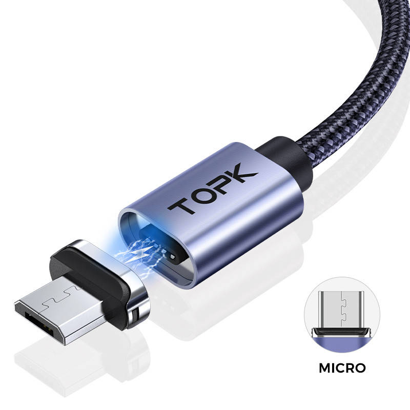 

Магнитный кабель MicroUSB 2 МЕТРА для зарядки и синхронизации TOPK AM45 LED 3A, Серый