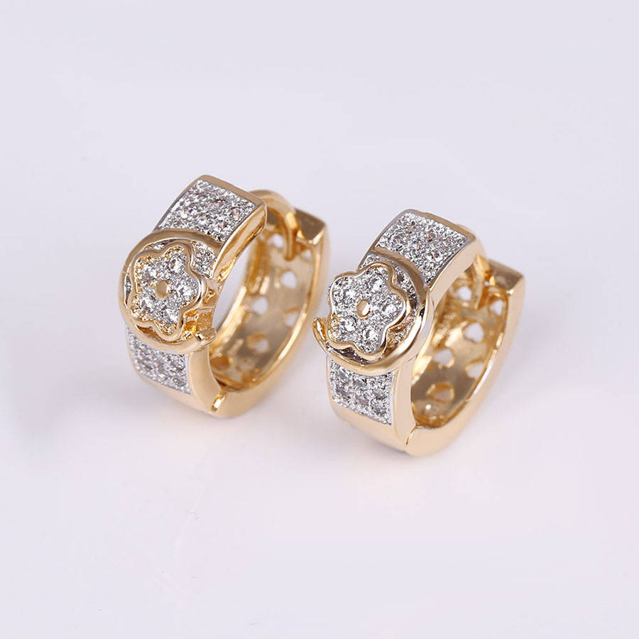 

Серьги позолота + родий, Колечки с цветочками, вставка цирконий, Xuping, 18К