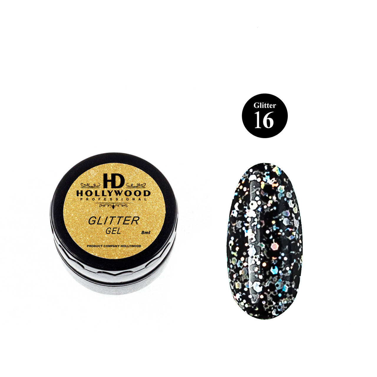 

Гель лак 16 Черный Глиттер гель HD Hollywood 8 ml