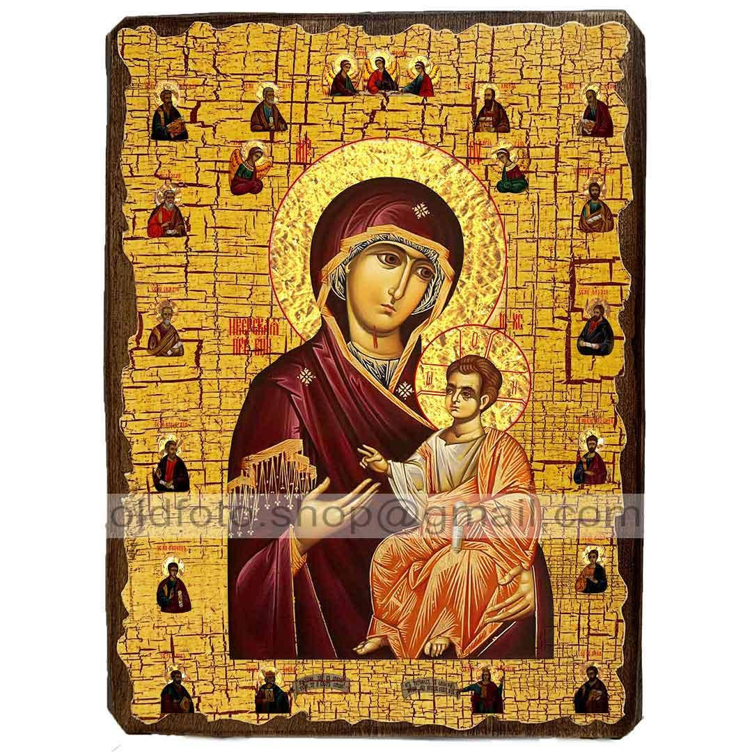 

Иверская Икона Пресвятой Богородицы с предстоящими ,икона на дереве 130х170 мм