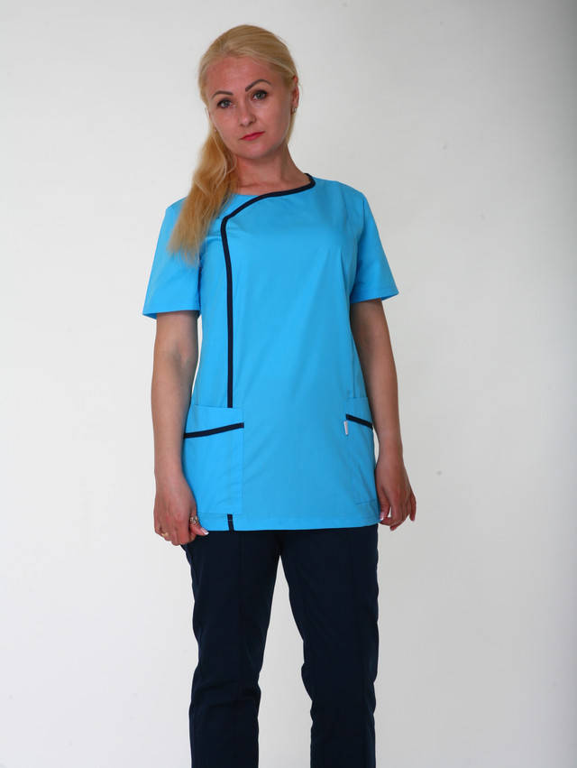 

Медицинский женский хирургический костюм с коротким рукавом голубой+темно-синий 42-60