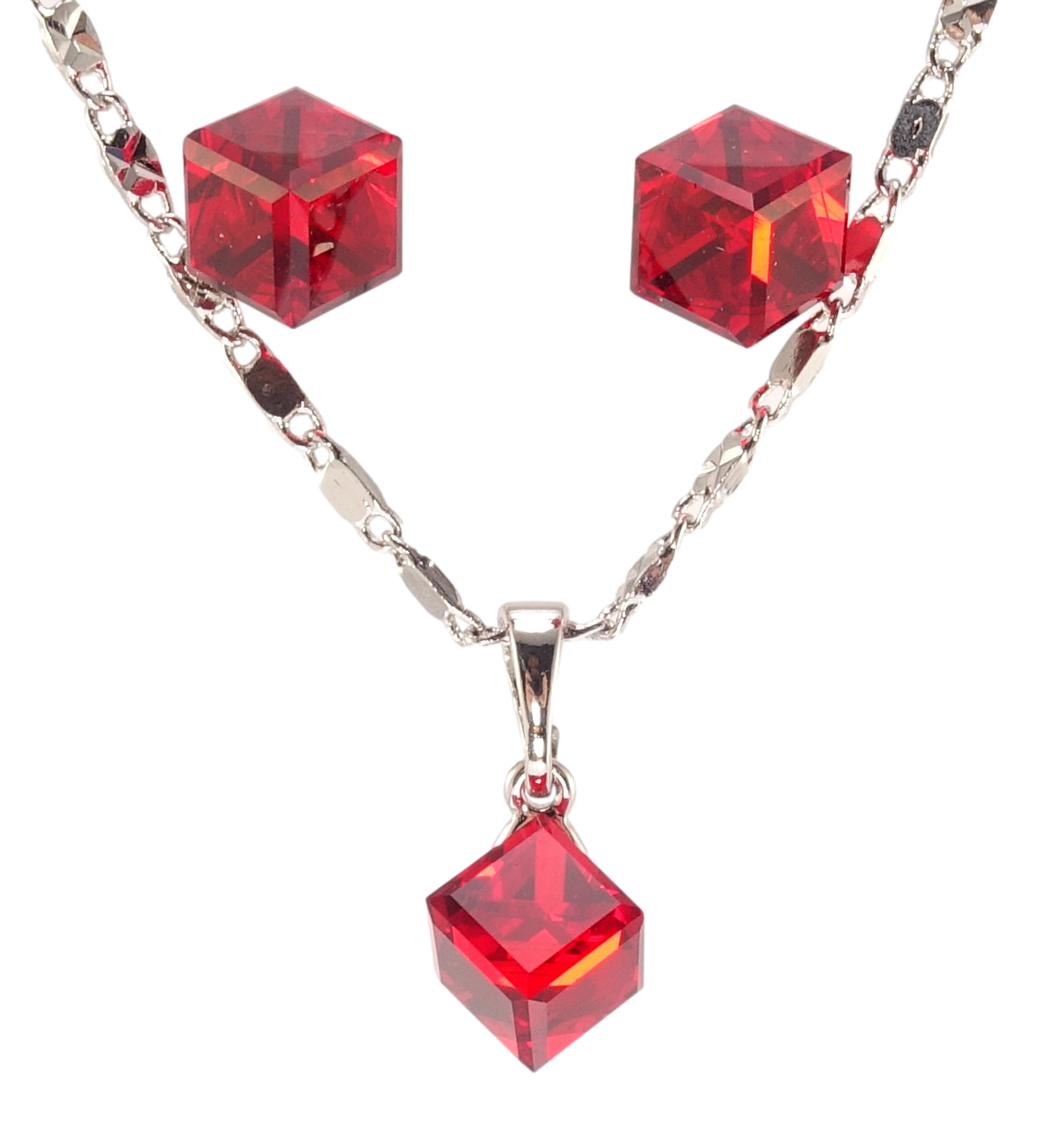 

Набор Xuping Родий с кр-ми Swarovski Серьги Кулон на цепочке "Кристаллы Light Siam 6х6мм" длина 39-44см х 2мм