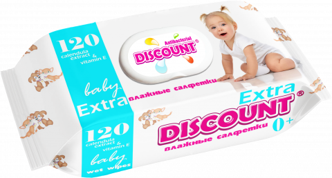 

Салфетки влажные детские DISCOUNT EXTRA "Календула и витамин Е" 120 шт/уп